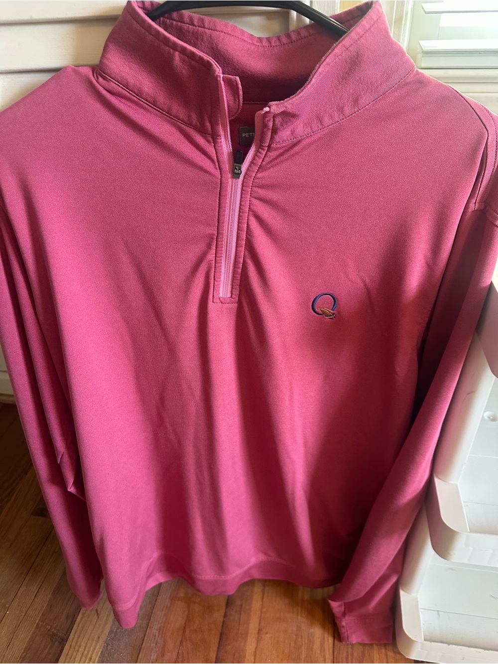Peter Millar Rose Pink Quarter-Zip Mock Neck Pullover. Quail hollow logo